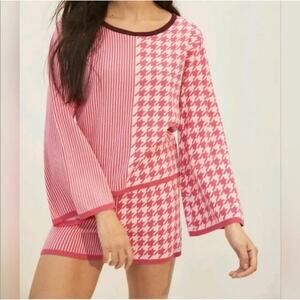 Dolan Pink & Cranberry Stripe Houndstooth Lounge Sweater M